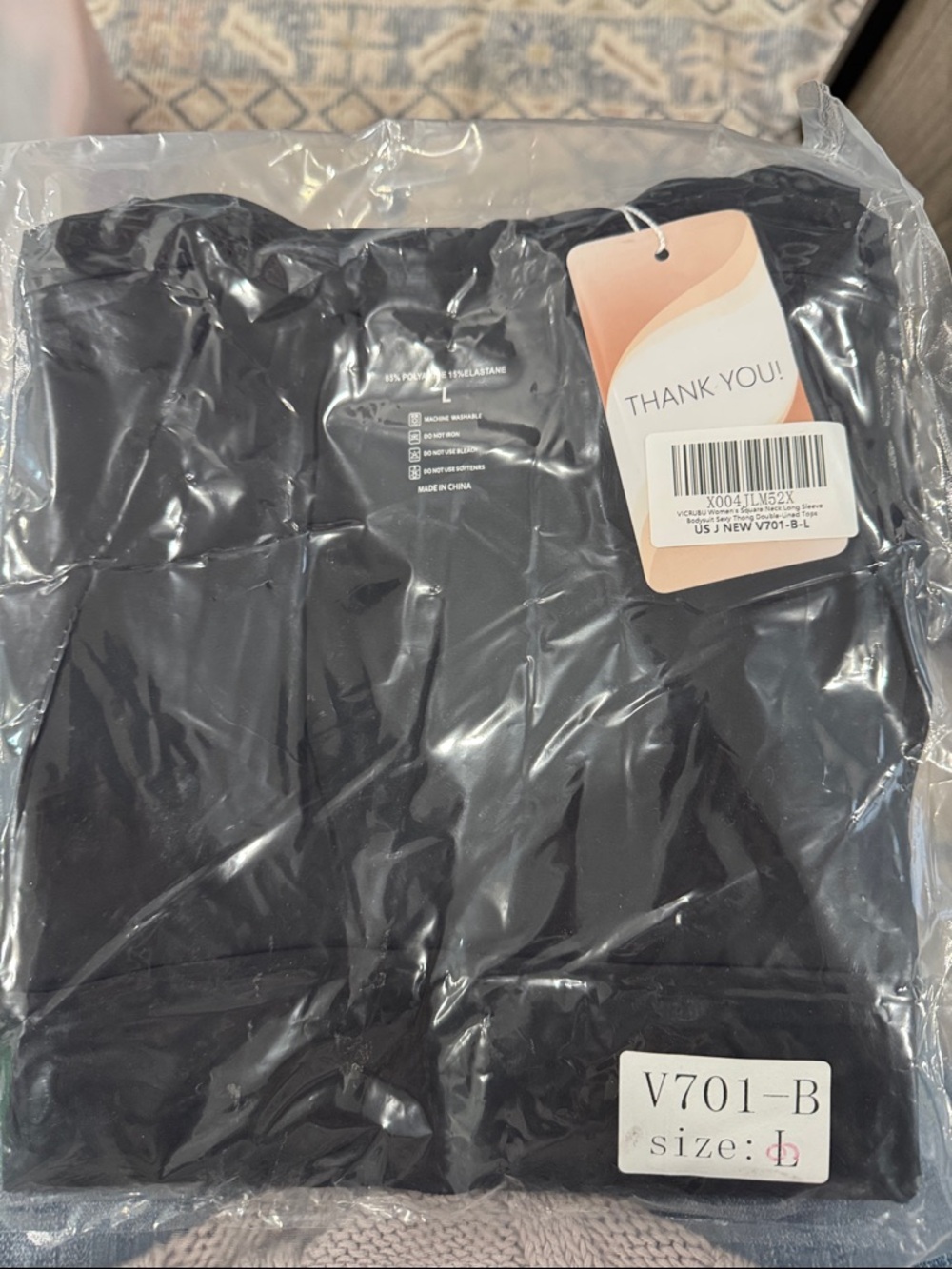 Black square neck long sleeved body suit thong - V701-B